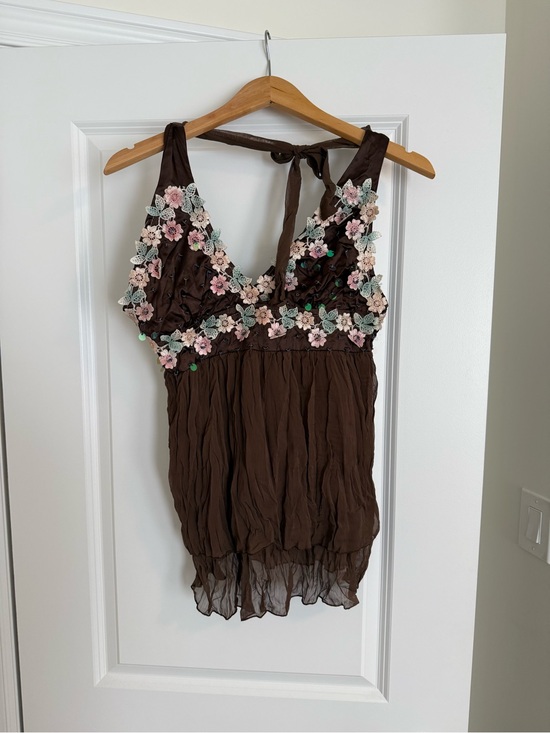 Source Unknown Tops - Y2K Brown Floral Appliqué Halter Tank Top